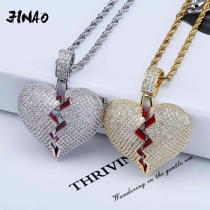 JINAO Mode Gebrochenes Herz Iced Out Kette Anhänger Halskette Statement Gold Farbe Kubikzirkon Halskette Hip Hop Herren Schmuck Geschenk