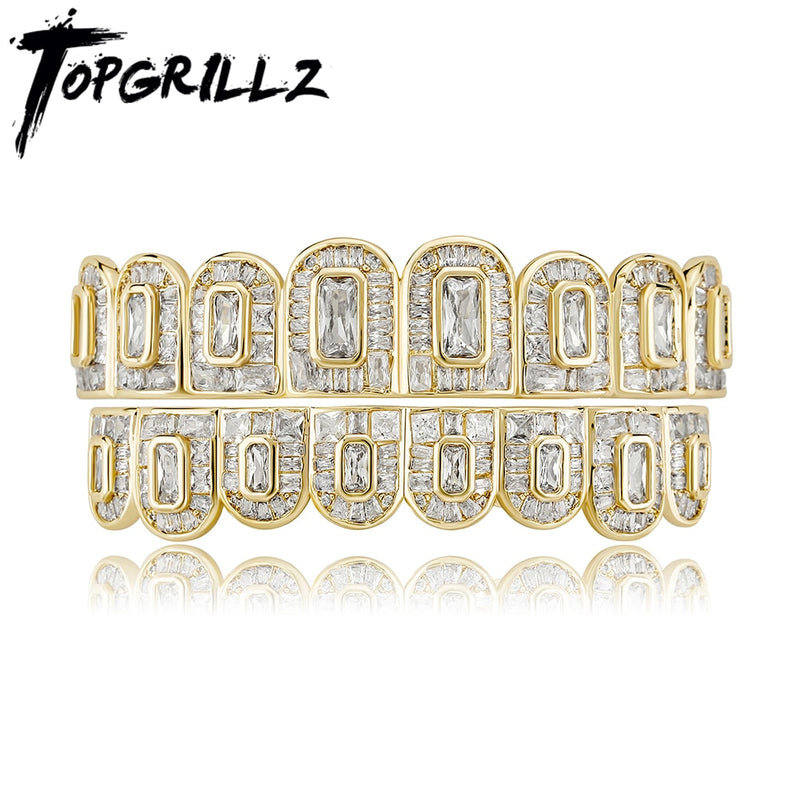 TOPGRILLZ 2021 New Baguette Set Teeth Grillz Full Iced Micro Pave Cubic Zirconia 14K White Gold Hip Hop Jewelry For Men Women