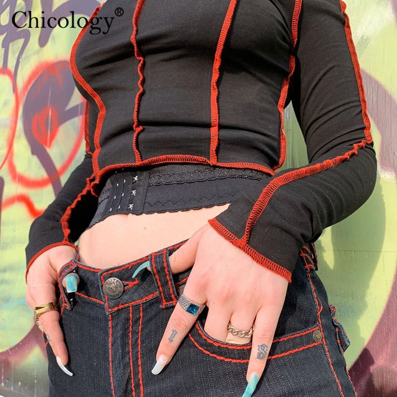 Camiseta de moda Chicology Goth Hollow Out para mujer, Top corto de manga larga, ropa de otoño invierno 2020, ropa de calle Punk, camiseta gótica