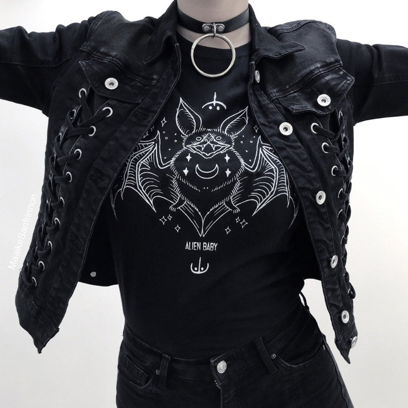 kuakuayu HJN Ouija Board Damen Gothic Schwarz T-Shirt Grunge Swag Grafik T-Shirt Halloween Kleidung