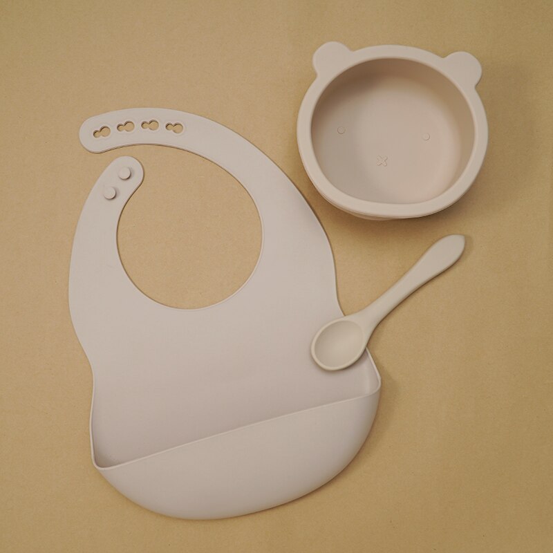 BPA Free Baby Silicone Tableware Waterproof Bib Flexible Saliva Towel Solid Color Sucker Bowl And Spoon For Children