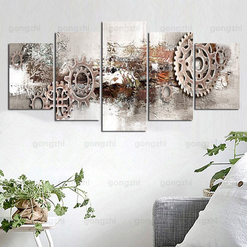 5Pcs Abstract Design Sense Metal Gear Industrial Pipe Modern Home Mural Living Room Decoration Frameless Canvas Printing Poster