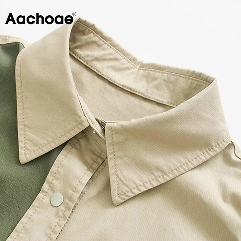 Aachoae 2021 Autumn Women Shirt Jakcet Coat Boyfriend Patchwork Jacket Loose Long Sleeve Cotton Coat Ladies Streetwear Tops