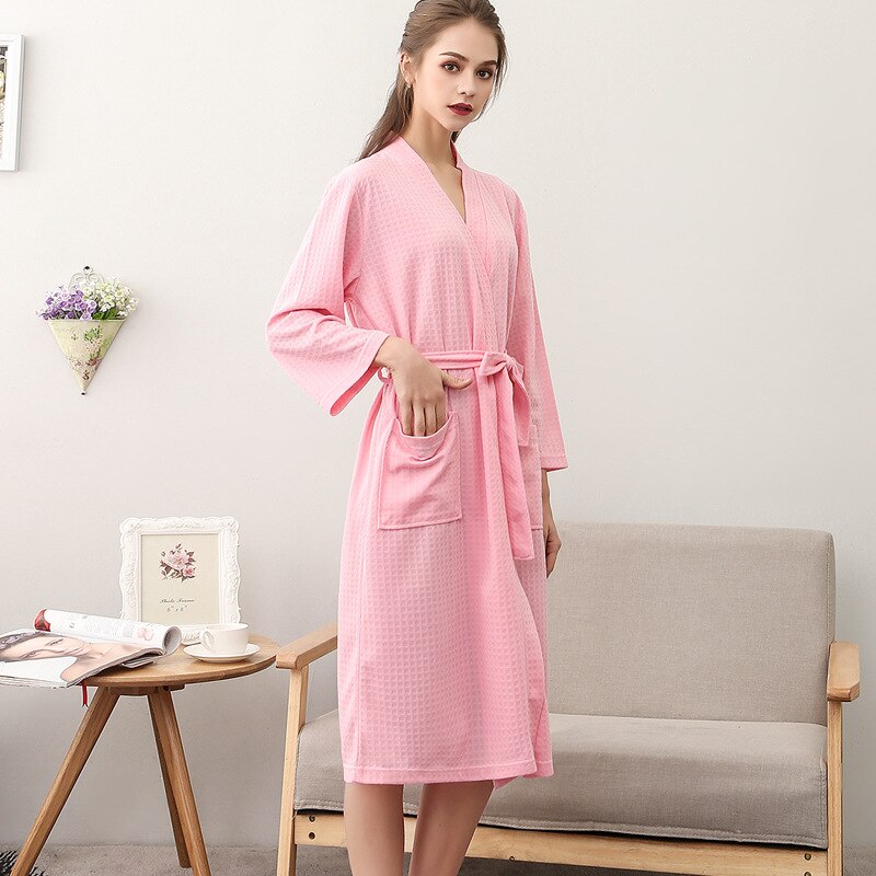 Women Summer 2021 Long Soft  Bath Robe Pajamas Kimono Solid Waffle Bathrobe With Sashes Dressing Gown Sleepwear Female Homewear