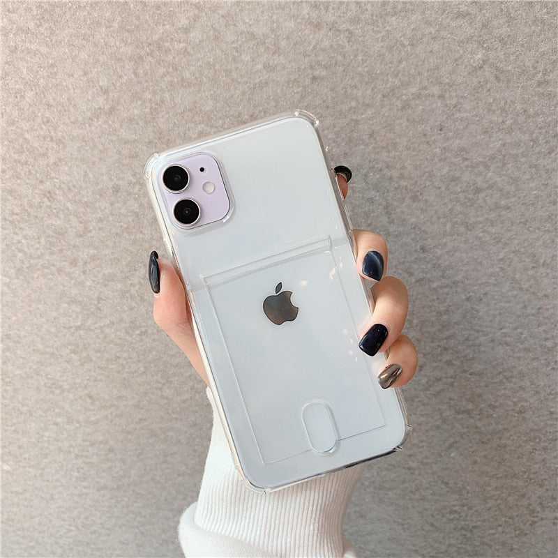 Clear Card Holder Phone Case For iPhone 12 Mini 11 Pro Max XS MAX XR X 7 8 Plus Bumper Solid Color Credit Slot Back Cover