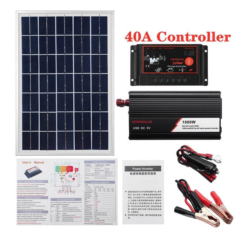 12V/24V Solar Panel System 18V 20W Solar Panel Battery Charge Controller 800W/1000W Solar Inverter Kit Complete Power Generation