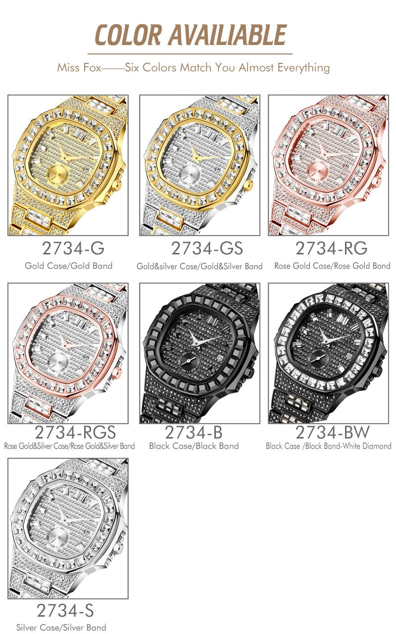 MISSFOX Iced Out Watches Men Top Brand Luxury Watch Men Full Diamond Quartz-watch Bling Bling Hiphop Hot Rapper's Jewelry Watch