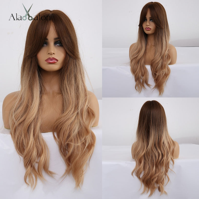 ALAN EATON Long Ombre Black Brown Blonde Wigs with Bangs Heat Resistant Synthetic Wave Wigs for Women African American Cosplay