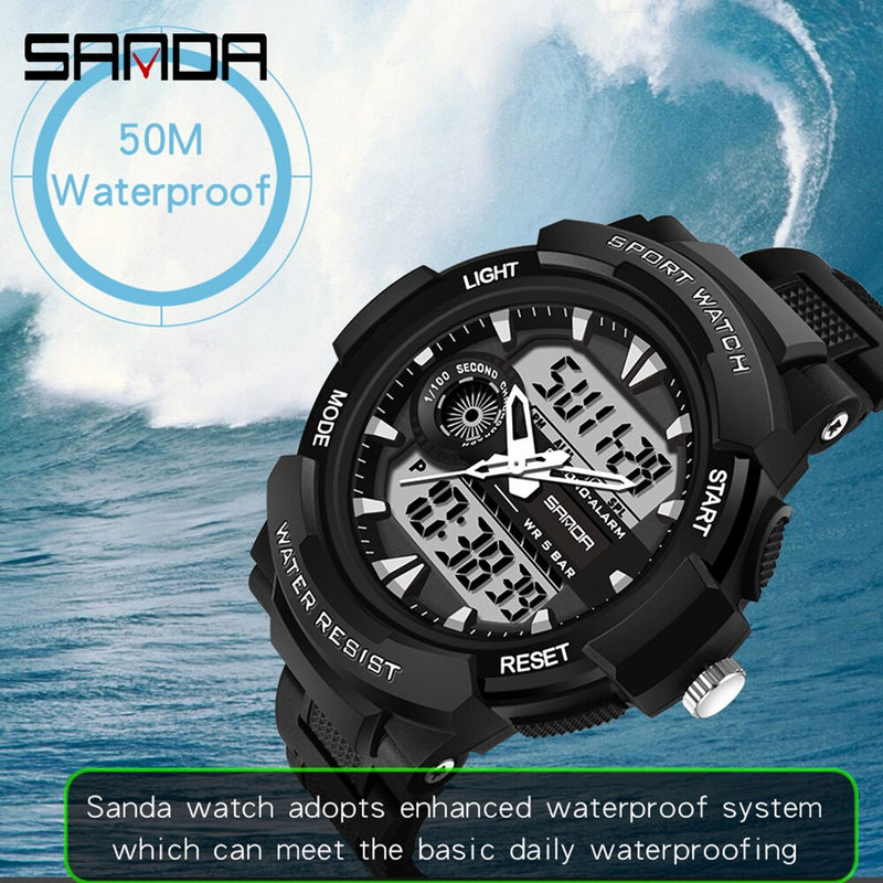 SANDA Watches For Men 50M Waterproof Clock Alarm reloj hombre Dual Display Wristwatch Quartz Military Watch Sport Mens Relogio