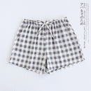 Couple pajamas summer cotton gauze shorts Japanese style simple elastic waist casual large size lattice men and women home pants