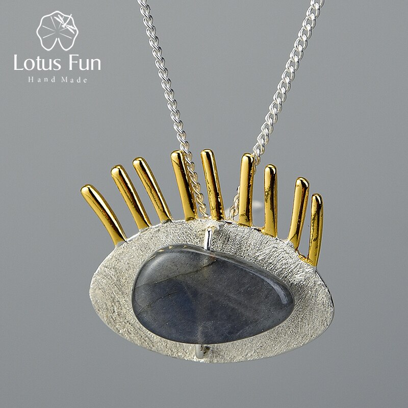 Lotus Fun Real 925 Sterling Silver Natural Labradorite Fine Jewelry Interesting Gold Eyelashes Pendant without Chain for Women