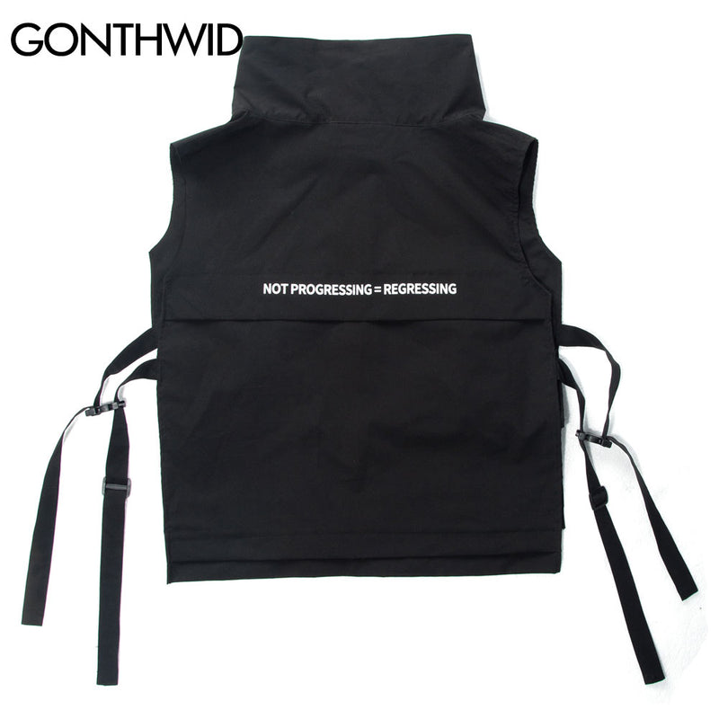GONTHWID Multi Zipper Pockets Cargo Waistcoat Tooling Vest Streetwear Men Fashion Side Ribbon Buckle Zip Sleeveless Jackets Tops