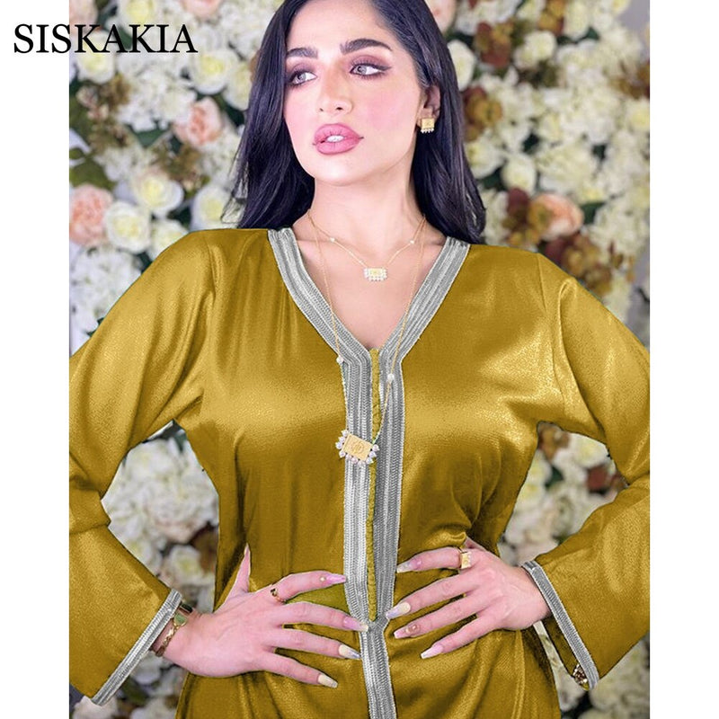 Siskakia Dubai Arabic Dress for Women Autumn 2020 Soft Satin Ribbon V Neck Long Sleeve Muslim Fashion Turkey Robes New