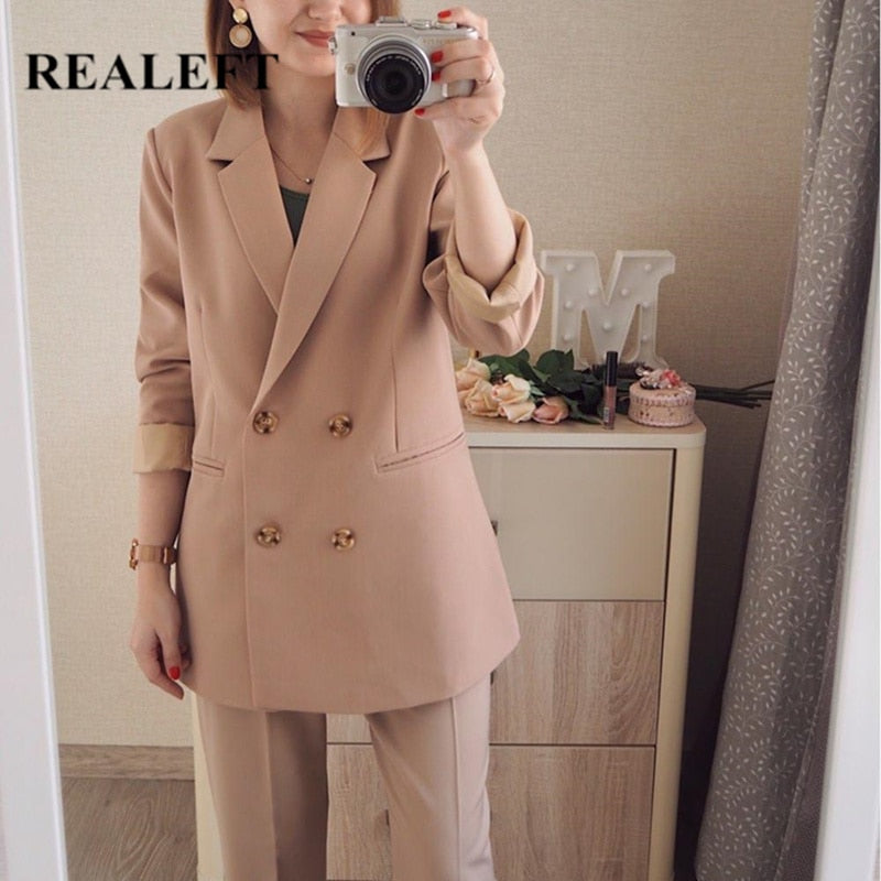 REALEFT 2021 Neue Herbst Winter Frauen Hosenanzug Zweireihig Gekerbte Blazer Jacke &amp; Hose Büro Tragen Frauen Anzug Weibliche Sets