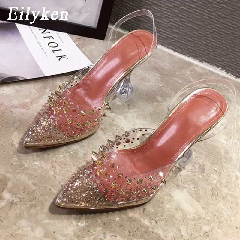 Eilyken 2022 Neue Gold Silber PVC Transparente Niet Diamant Pumps Sandalen Plexiglas Ferse Spitzschuh Kristall Silber Hochzeit Pumps