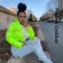 Chaqueta acolchada rosa de PU brillante para mujer, abrigos cálidos de burbujas, Parkas de cuero brillante, chaquetas recortadas con cremallera, Parkas