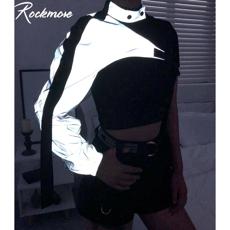 Rockmore Neongrün Reflektierendes T-Shirt Damen T-Shirt Harajuku One Shoulder Off Gothic Top Hip Hop Streetwear T-Shirt Femme Fall