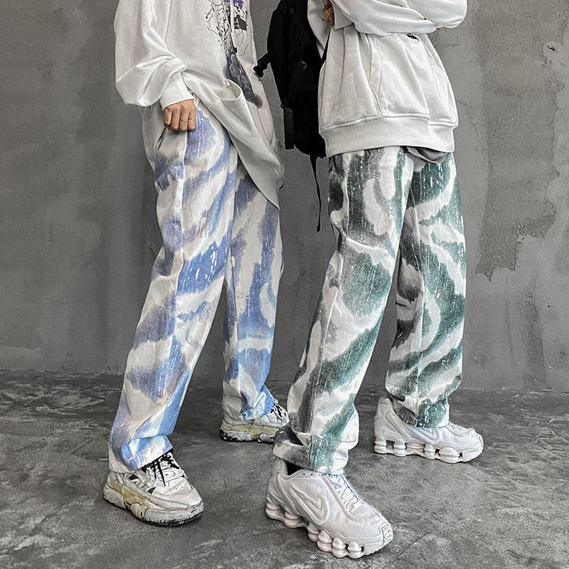 Pantalones coreanos de algodón con efecto tie-dye para hombre, pantalones informales Retro a la moda, ropa de calle para hombre, pantalones rectos holgados salvajes de hip-hop para hombre, M-2XL