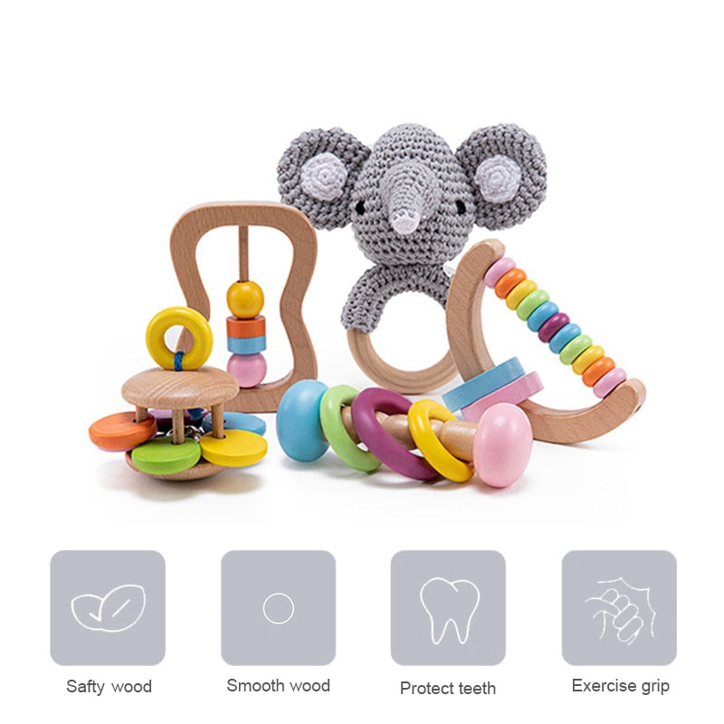 5 STÜCKE Organisches Sicheres Holzspielzeug Baby Montessori Kleinkindspielzeuggriff DIY Häkelrassel Schnullerarmband Beißringspielzeugset Babyprodukt