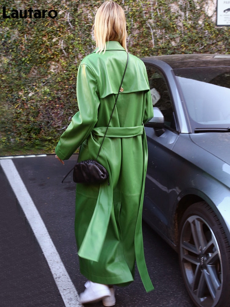 Lautaro Herbst Extra Langer Grüner Leder Trenchcoat für Damen Langarm Schärpen Einreiher Maxi Mantel 2021 Streetwear