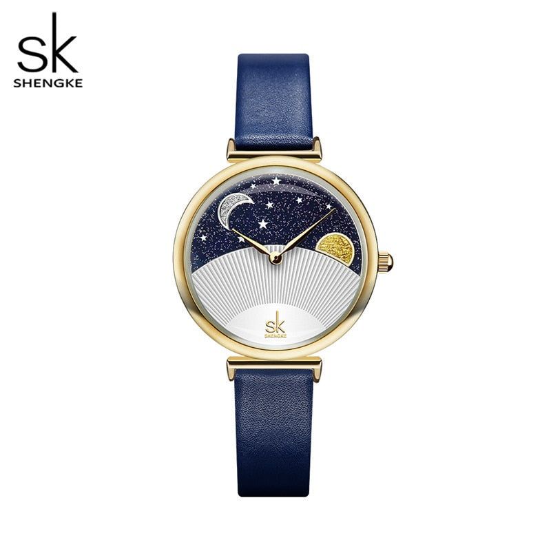 Reloj Shengke de moda azul para mujer, reloj de cuarzo de cuero para mujer, reloj de pulsera informal resistente al agua, esfera romántica con luna y estrellas