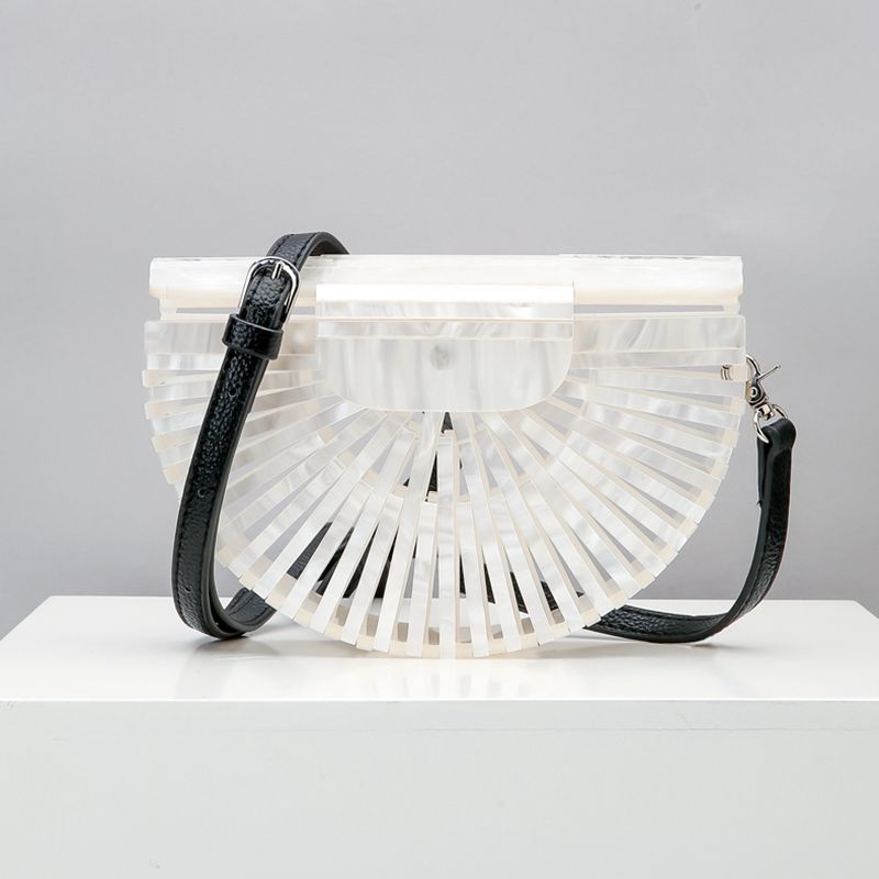 Acrylic Basket Evening Clutch Bag Women Hollow Out Stone Pattern Half Moon Acrylic Beach Handbag Beaded Shoulder Bag Holiday