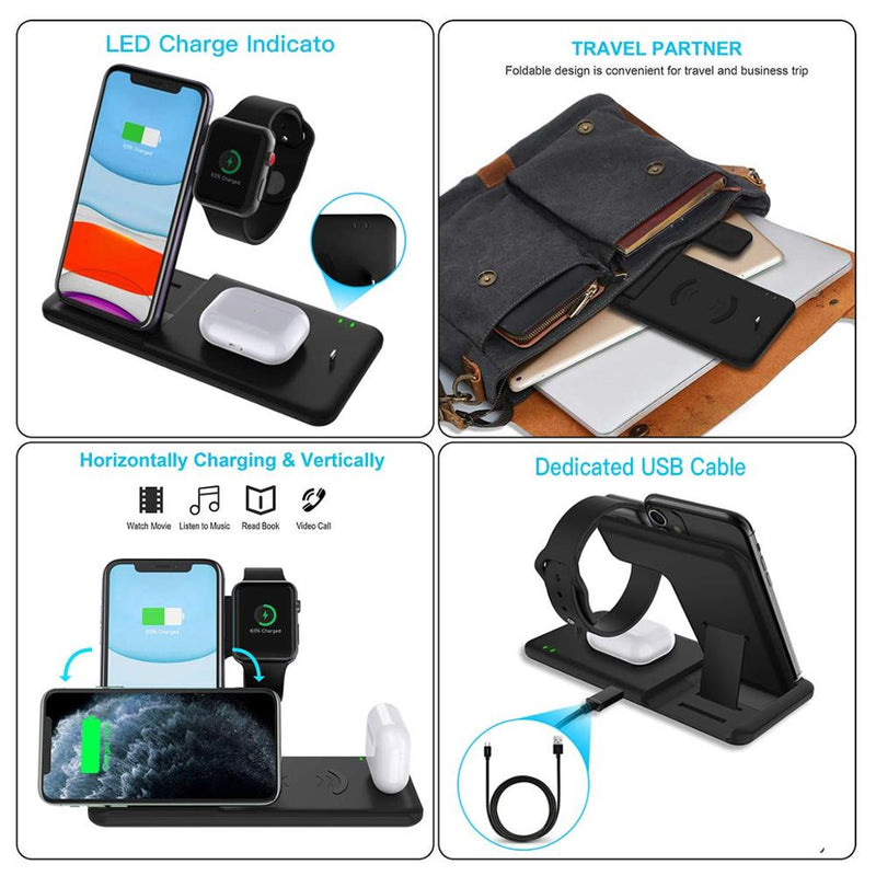 15W Qi Fast Wireless Charger Stand For iPhone 13 11 12 X 8 Apple Watch 4 in 1 Foldable Charging Station for Airpods 3 Pro iWatch