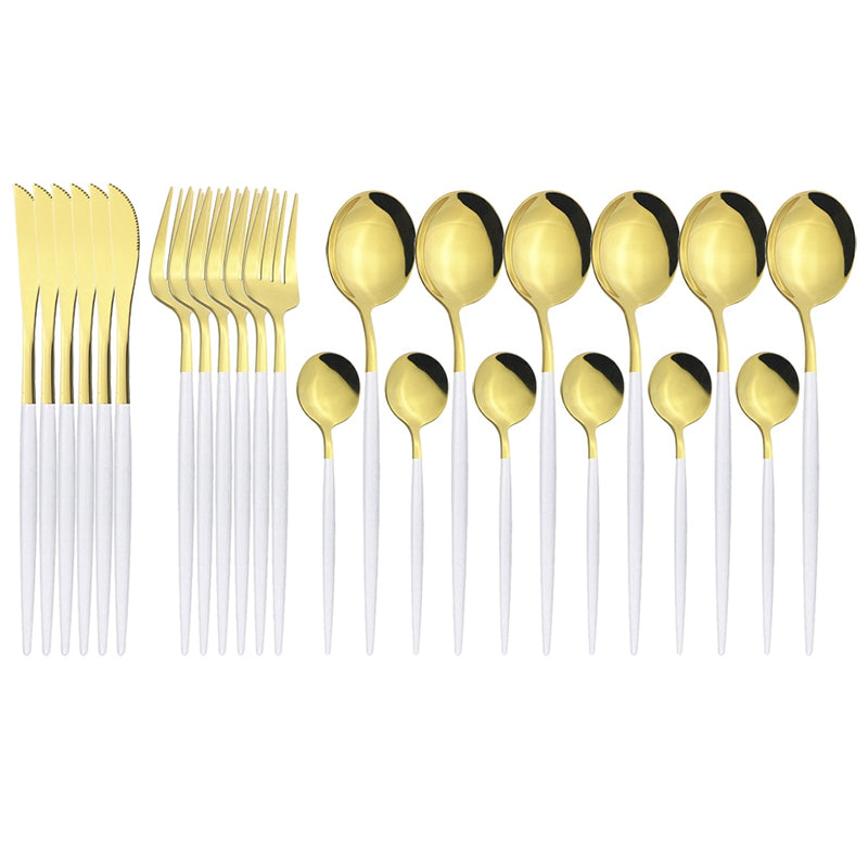 24 unids/set de vajilla de acero inoxidable, juego de cubiertos dorados, cuchillo de cena, tenedor, cuchara de café, vajilla, juegos de cubiertos de cocina