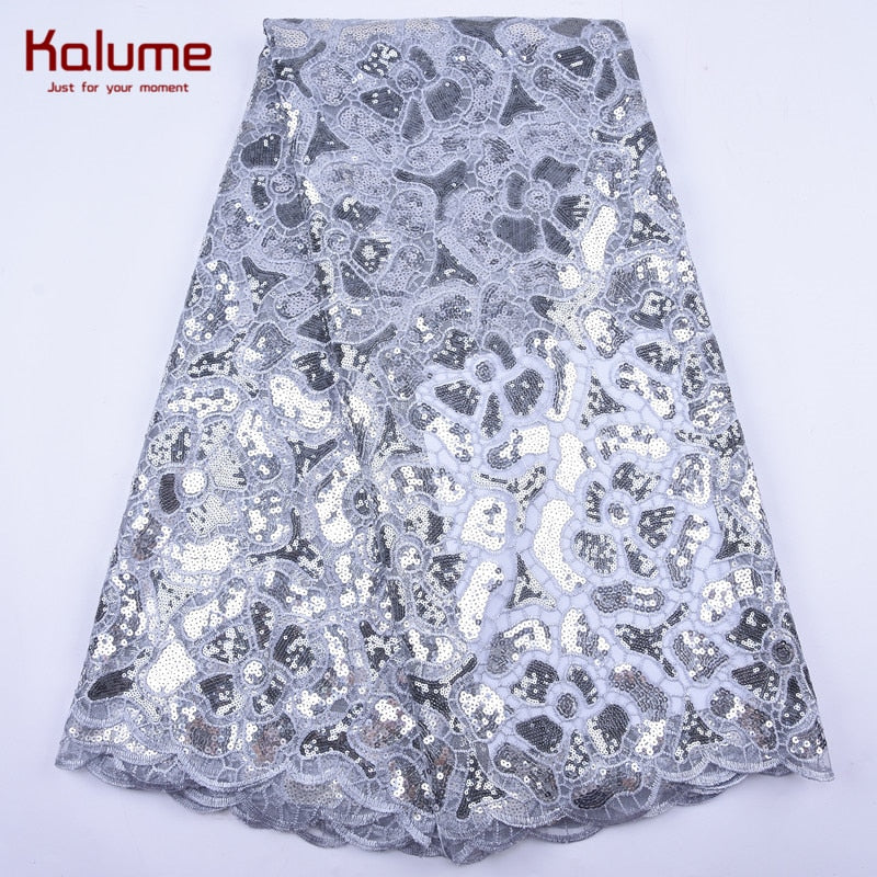 Kalume White African Tulle Lace Fabric Sequin 5 Yards 2021 Nigerian Mesh Lace Fabrics High Quality For Sew Wedding Cloth F1999