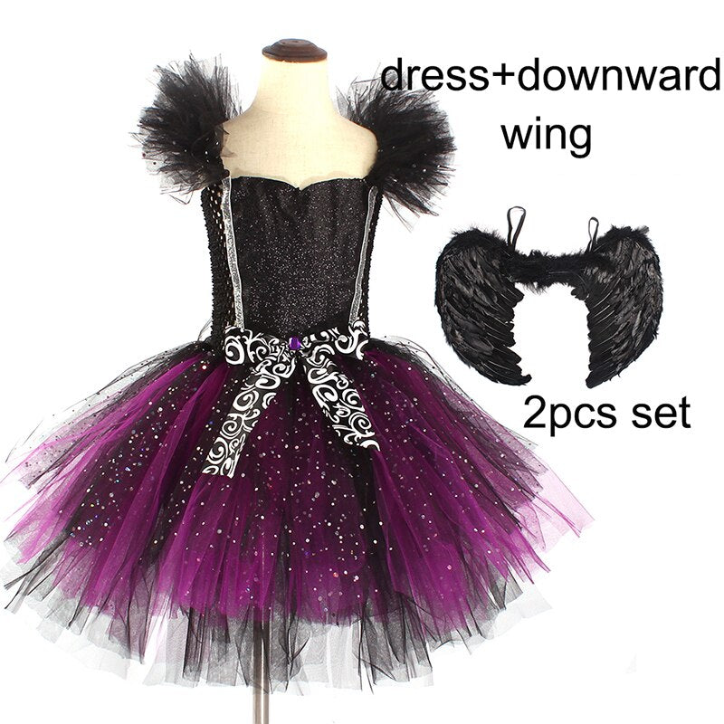 Mädchen Evil Dark Fairy Hexe Tutu Kleid mit Hörnern und Flügeln Sparkly Kinder Halloween Cosplay Party Kostüm Fancy Evil Devil Dress
