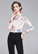 Summer Women Slim Blouses Tops Baroque Print Runway Long Sleeve Shirt Ladies Collar Elegant Vintage Office Shirts Work Wear