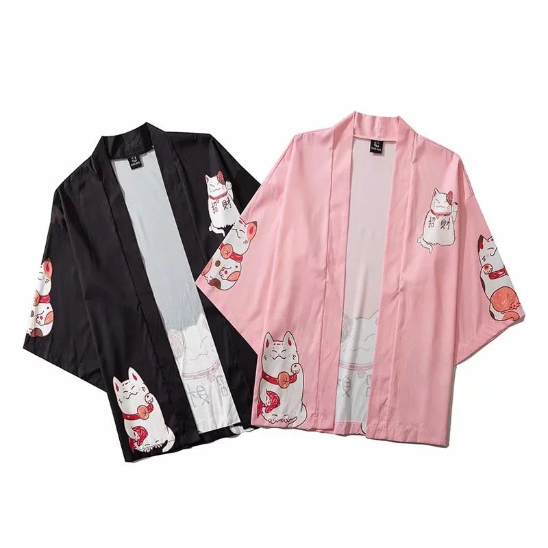 Bebovizi Japan Style Clothes Men Summer Streetwear Cat Print Kimono Cardigan Mandarin Robe Men Unisex Japanese Trend Kimonos