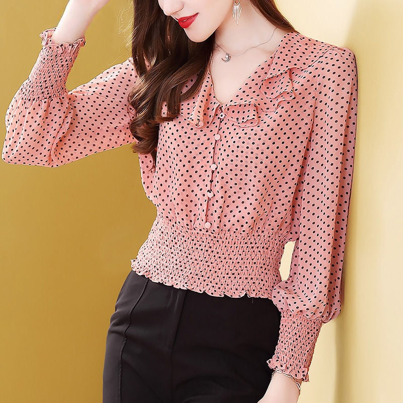 Camisa de chifón estilo primavera otoño para mujer, blusas informales elegantes de manga larga con retazos de lunares y cuello con volantes para mujer DD8397