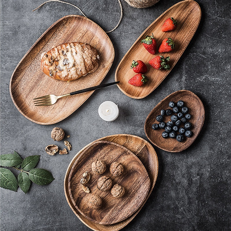 Plato ovalado Irregular de Acacia, cuenco para té, fruta, postre, desayuno, cena, hogar, cocina, juego de vajilla de madera maciza