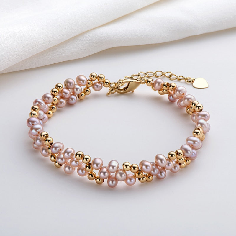 Lnngy, pulsera multicapa con relleno de oro de 14 quilates, pulsera de moda trenzada con perla ovalada de agua dulce Natural de 4-5mm, brazalete para mujer, joyería