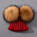 Gorro de punto de invierno para bebé con dos pompones de piel, gorro de bola de piel Natural para niño y niña, gorros para niños, gorro con pompón de piel auténtica doble para niños