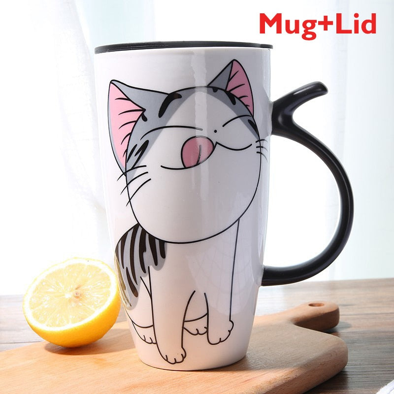 600ml Cute Cat Ceramics Coffee Mug With Lid Large Capacity Animal Mugs creative Drinkware Coffee Tea Cups Novelty Gifts milk cup