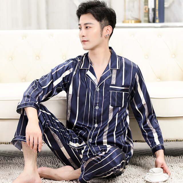 Spring Mens Stain Silk Pyjama Set Pyjamas Herren Nachtwäsche Modern Style Silk Nightgown Home Male Satin Soft Cozy For Sleeping
