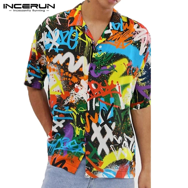 Camisa estampada de verano para hombre, ropa de calle de manga corta con cuello vuelto, camisas hawaianas holgadas elegantes para hombre, Camisa de vacaciones INCERUN 2022