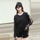 Street-Punk-Mode Damen T-Shirt mit Löchern, Persönlichkeit, Quasten und Taschen, locker geschnitten, gewaschene Baumwolle, Damenbekleidung