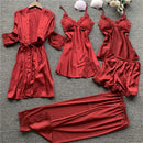 Stain Lace Women Pajama Set 5 Pieces Set Pajamas V Lead With Chest Pad Spaghetti Strap Set Pijama