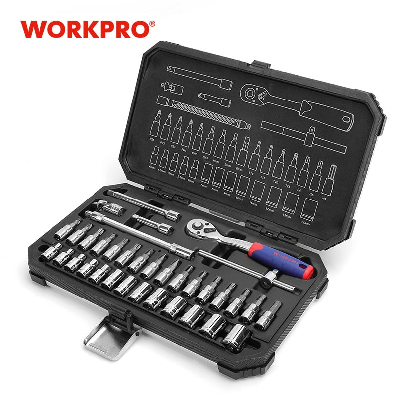 WORKPRO 35PC Tool Set Home Instruments Set of Tools for Car Repair Tools 1/4&quot; Dr. Socket Set Ratchet Wrench