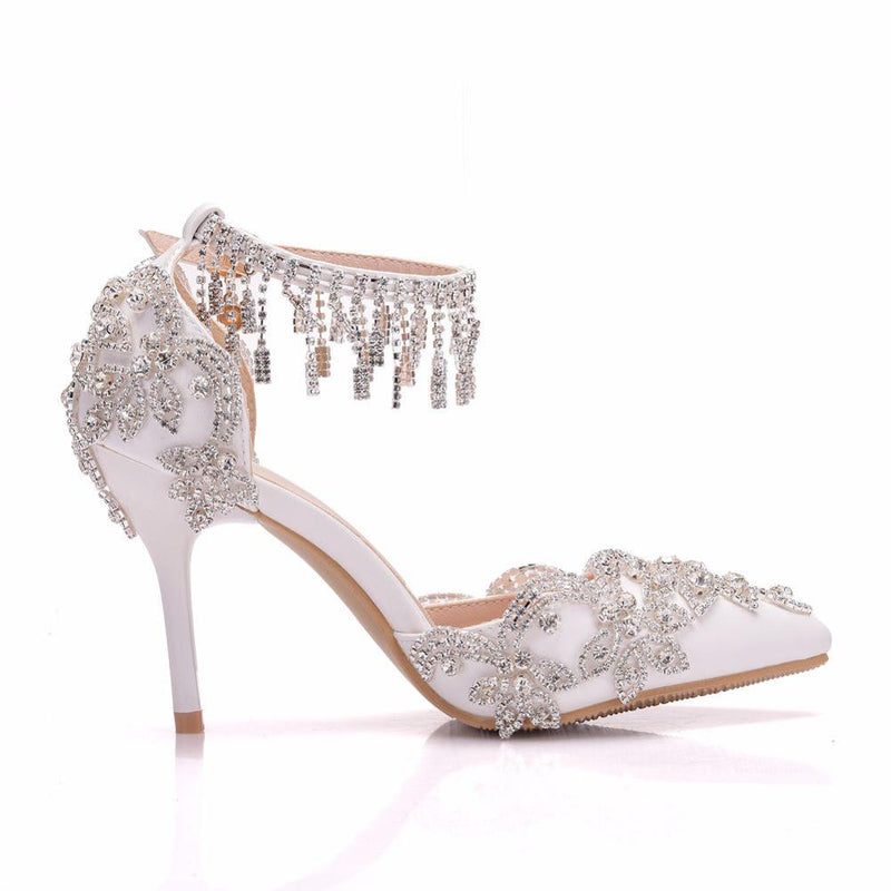 Crystal Queen Women White Tassel Wristband Wedding Shoes Bride High Heels Sandals Female Dress Pumps