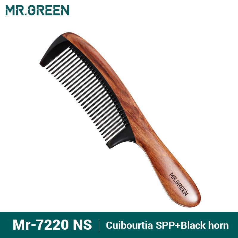 Peine MR.GREEN de madera Natural con estructura de empalme de cuerno, peine de pelo de dientes finos, cabeza antiestática, regalo de masaje de punto de acupuntura