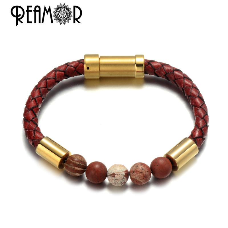 REAMOR Men Black Green Natural Stone Braided Leather Bracelets Gold Color 316L Stainless steel Embedded Clasp Bangle Jewelry