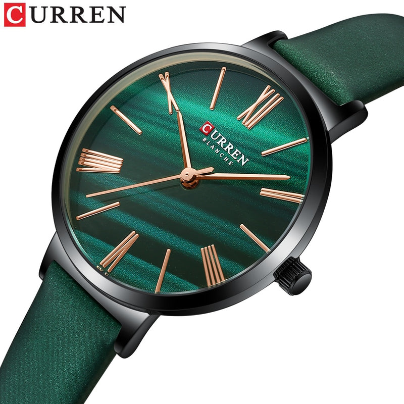 CURREN Mode-Luxusuhren für Frauen Malachit-Grün-Quarz-Kleid-Armband-Armbanduhr mit weiblicher Uhr aus Leder