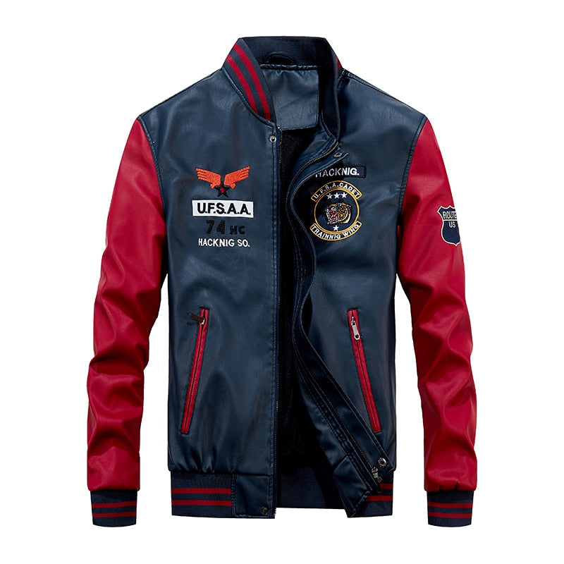 Chaqueta Bomber de cuero para hombre, chaquetas de béisbol, abrigo de piel sintética para motorista, chaqueta de lana para piloto universitario, parte superior de cuero para universidad, motocicleta ajustada negra