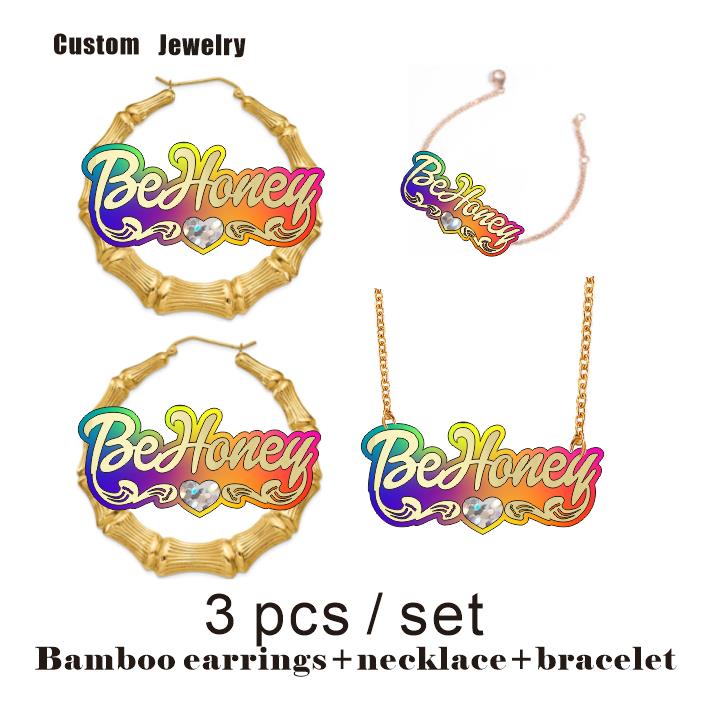 BeHoney moda Simple personalidad acrílico nombre personalizado bambú pendientes dibujos animados Arco Iris nombre collar joyería regalo de Navidad C4