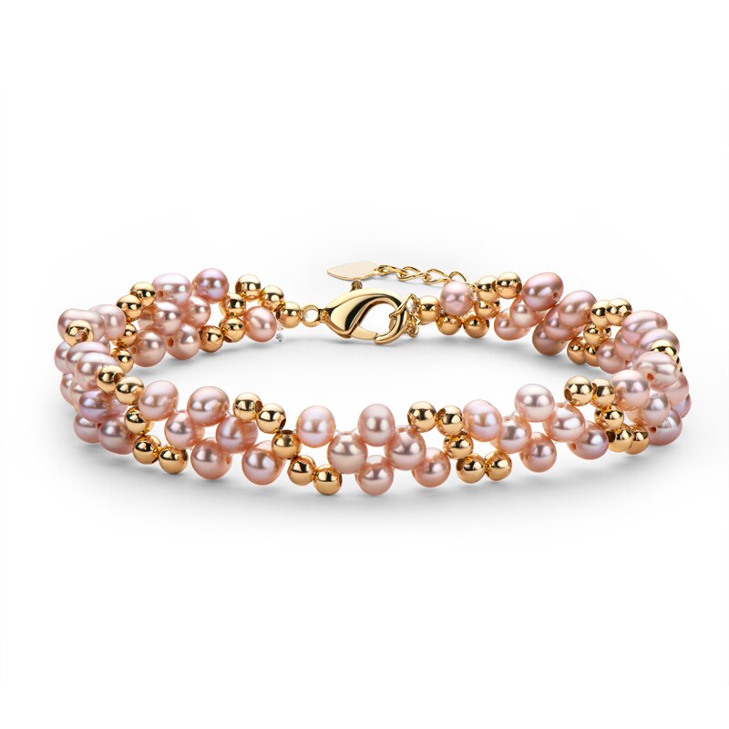 Lnngy, pulsera multicapa con relleno de oro de 14 quilates, pulsera de moda trenzada con perla ovalada de agua dulce Natural de 4-5mm, brazalete para mujer, joyería