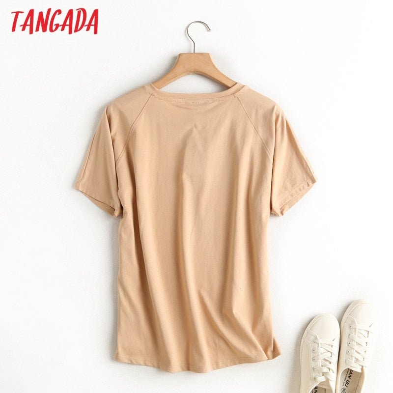 Tangada 2022 Frauen Khaki Basic Baumwolle T-Shirt Kurzarm O Hals T-Shirts Damen Casual T-Shirt Street Wear Top 6D5